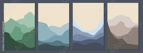 A set of minimalistic monochrome landscapes. Abstract mountains for a stylish background. Poster in trendy colors. Concept of travel, vacation and tourism. Beautiful nature. Vector