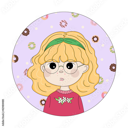 Сute Blonde Girl with Pimples on Face Portrait illustration. Cartoon anime girl will acne on purple background with donut pattern. Cute young woman with problem fat skin. Whitehead pustule treatment.