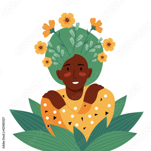 Love yourself, care, acceptance, mental health, happiness, body positive, harmony creative concept. African american woman with flowers in hair smiling and hugs herself. Flat vector illustrations