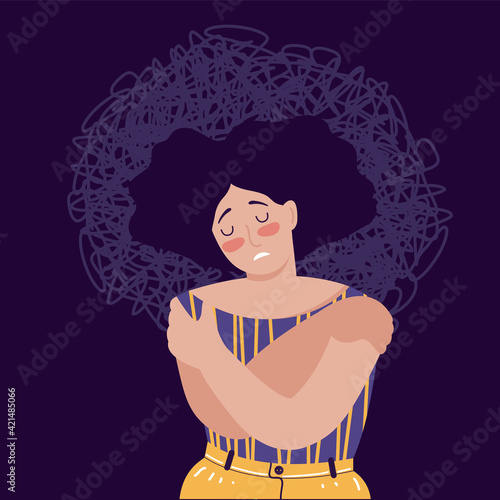 Frustrated woman with nervous problem feel anxiety, confusion, crisis, tired. Mental disorder, psychological diseases, chaos in consciousness. Sad depressed female character surrounded by her thoughts