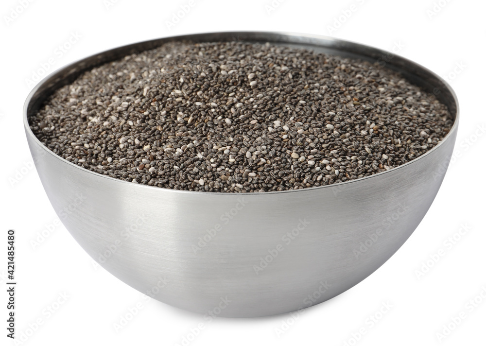 Metal bowl with chia seeds isolated on white Metal bowl with chia seeds isolated on white