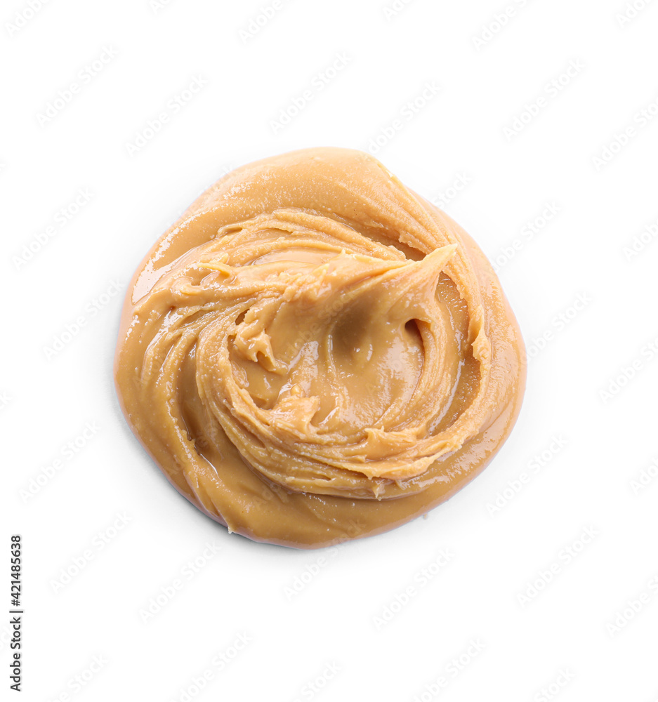 Delicious peanut butter isolated on white, top view Delicious peanut butter isolated on white, top view