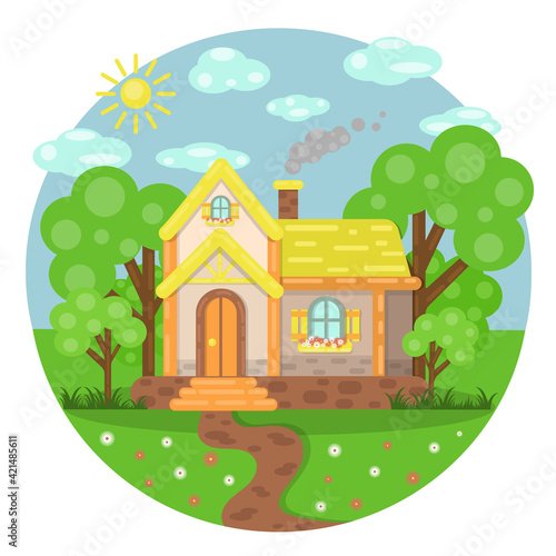 Сountry house against the sky and other elements of the environment. Mansion vector illustration. House exterior front view in trendy flat style. Home faсade with door and windows.  Summer landscape. 
