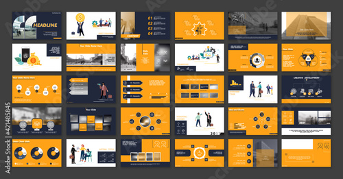 Business presentation, powerpoint, infographic design template, orange, blue elements, white background set.New technology.Team of people creates a business, teamwork.Financial work.Use of flyers, SEO