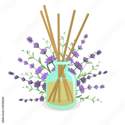 vector illustration of a  fragrance with wooden sticks with lavender sprigs in the background. The concept of aromatherapy and healthy lifestyle