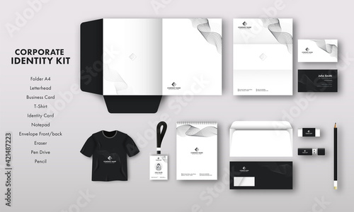 Corporate Identity Kit Including As Folder A4, Letterhead, Identity Card, T-Shirt, Envelope, Pen Drive And Other Stationery Items.