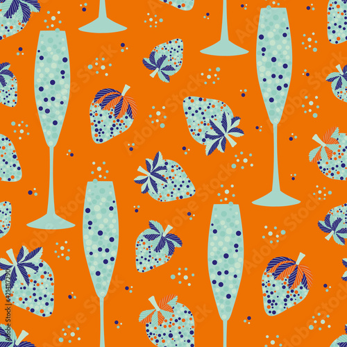 Abstract champagne and strawberry vector seamless pattern background. Neon orange light blue backdrop with fizz, champagne flutes, strawberries soft fruit. Tropical repeat for beach party concept