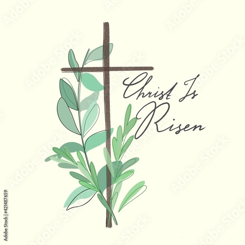 Christian cross with the inscription. Green blossoming branch. Easter holiday background. Delicate illustration on a beige background