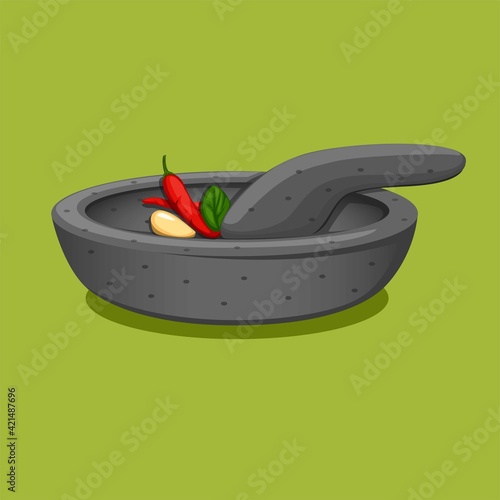 Cobek is traditional mortar grinder from stone popular in asian for making food symbol concept in cartoon illustration vector