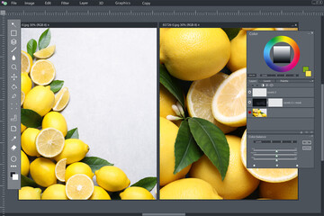Professional photo editor application. Image of lemons