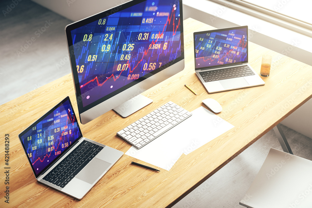 Computer monitor with abstract financial graph, finance and trading concept. 3D Rendering Computer monitor with abstract financial graph, finance and trading concept. 3D Rendering
