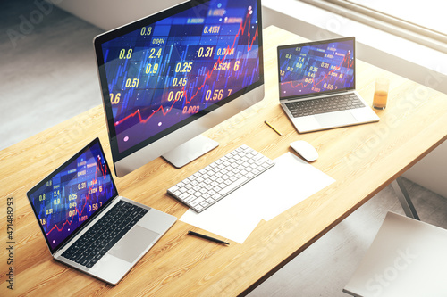 Computer monitor with abstract financial graph, finance and trading concept. 3D Rendering