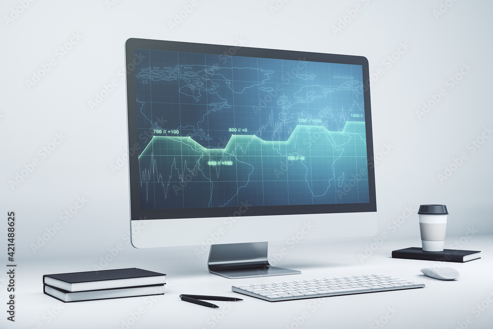 Modern computer screen with creative statistics data hologram, stats and analytics concept. 3D Rendering Modern computer screen with creative statistics data hologram, stats and analytics concept. 3D Rendering