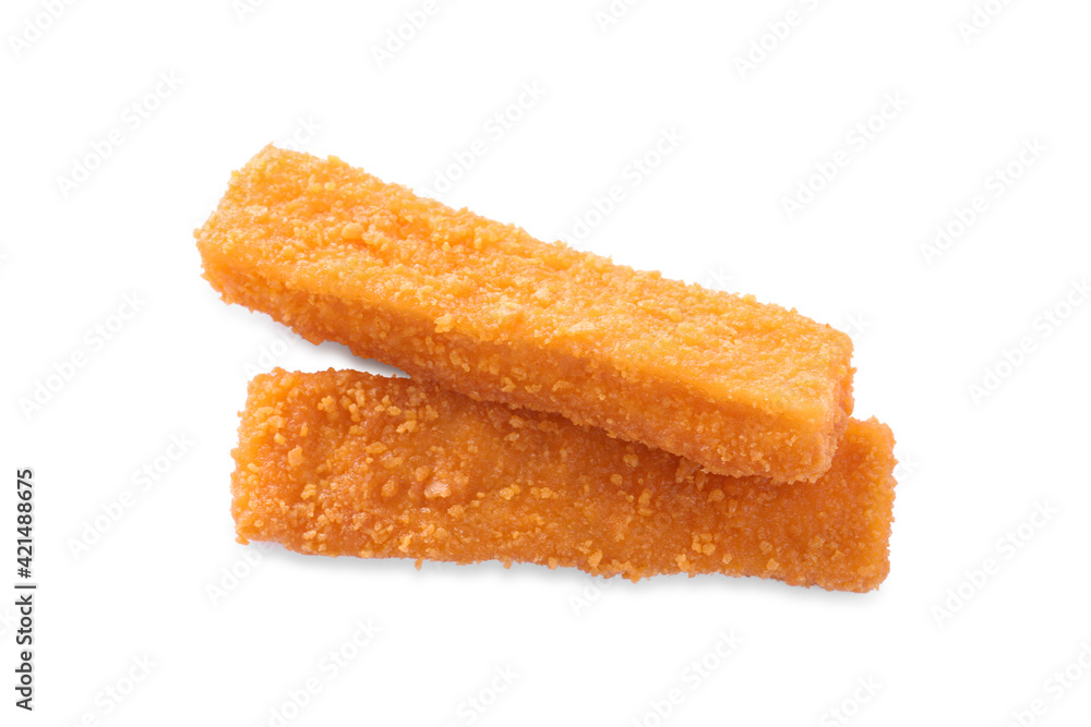 Fresh breaded fish fingers on white background, top view Fresh breaded fish fingers on white background, top view