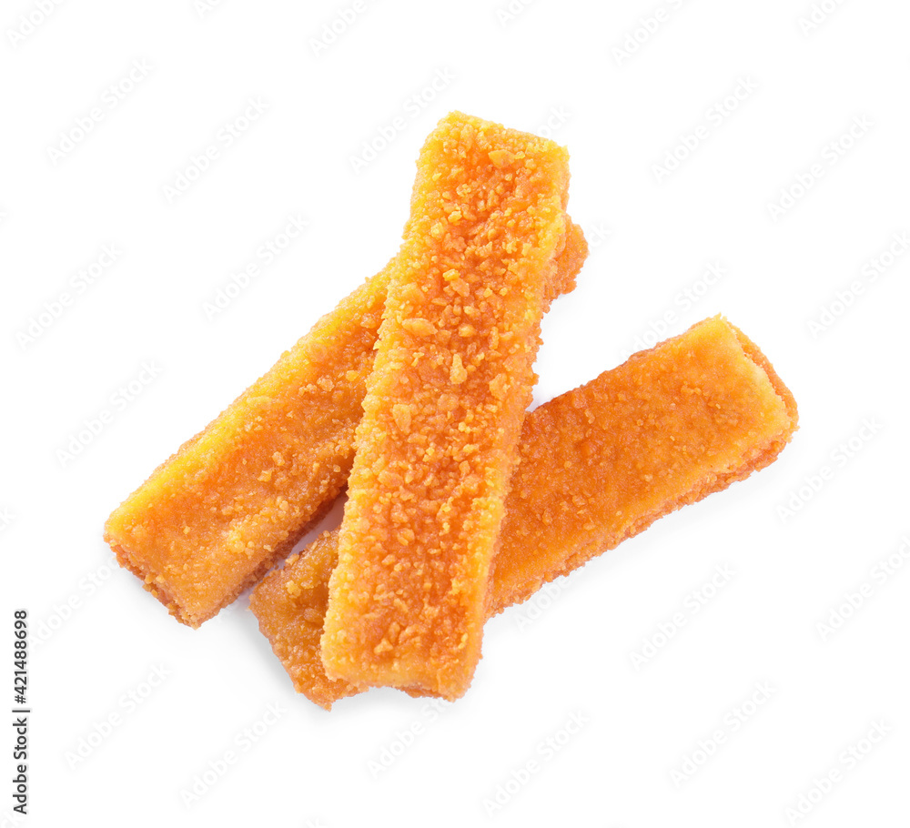 Fresh breaded fish fingers on white background, top view Fresh breaded fish fingers on white background, top view