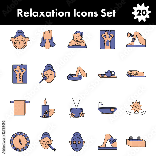 Relaxation Icons Set In Blue And Orange Color.