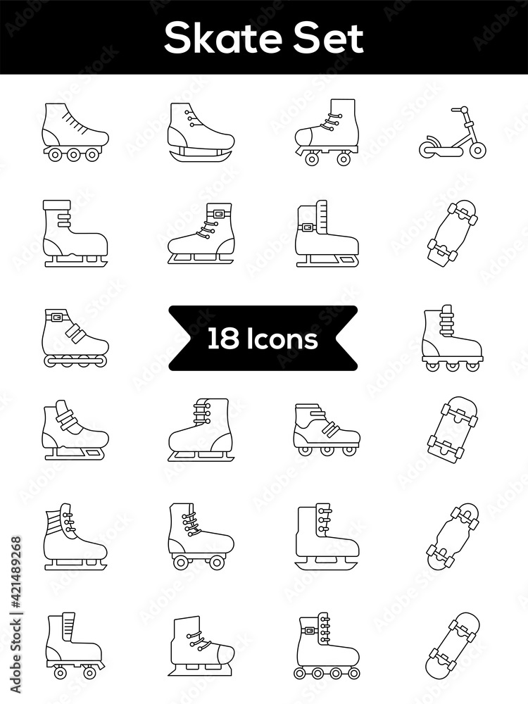 Black Line Art Set of Skate Icon In Flat Style. Black Line Art Set of Skate Icon In Flat Style.