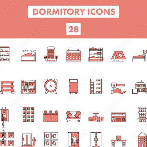 Red And White Color Set of Dormitory Icon In Flat Style.