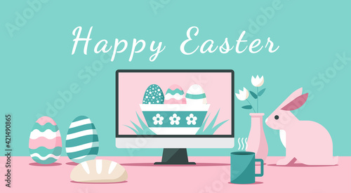 Happy Easter day via online on computer at home concept, vector flat illustration