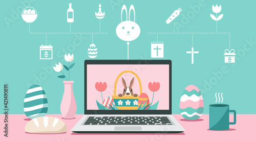 Happy Easter day via online on laptop computer at home concept with icon, vector flat illustration