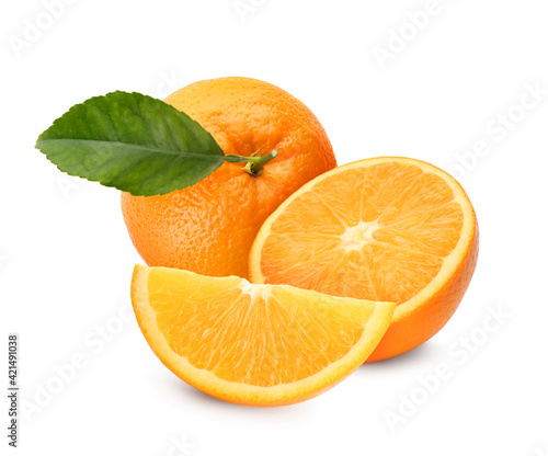 Tasty fresh ripe oranges on white background