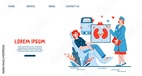 Hemodialysis or blood dialysis procedure to treat kidney in website interface design, cartoon vector illustration. Web banner with patient getting kidney disease or failure treatment.
