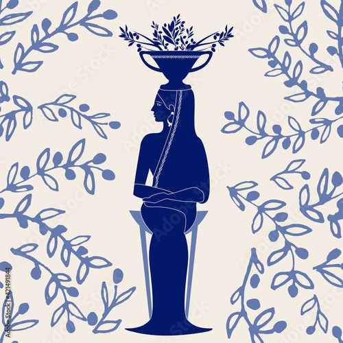 Illustrated ceramic tile. Woman dressed in the style of ancient Greece, sitting on a tripod and carrying an amphora with olive branches on her head