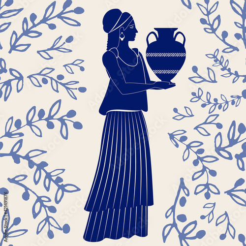 Illustrated ceramic tile. Ancient Greece girl carrying an amphora and olive branches on background