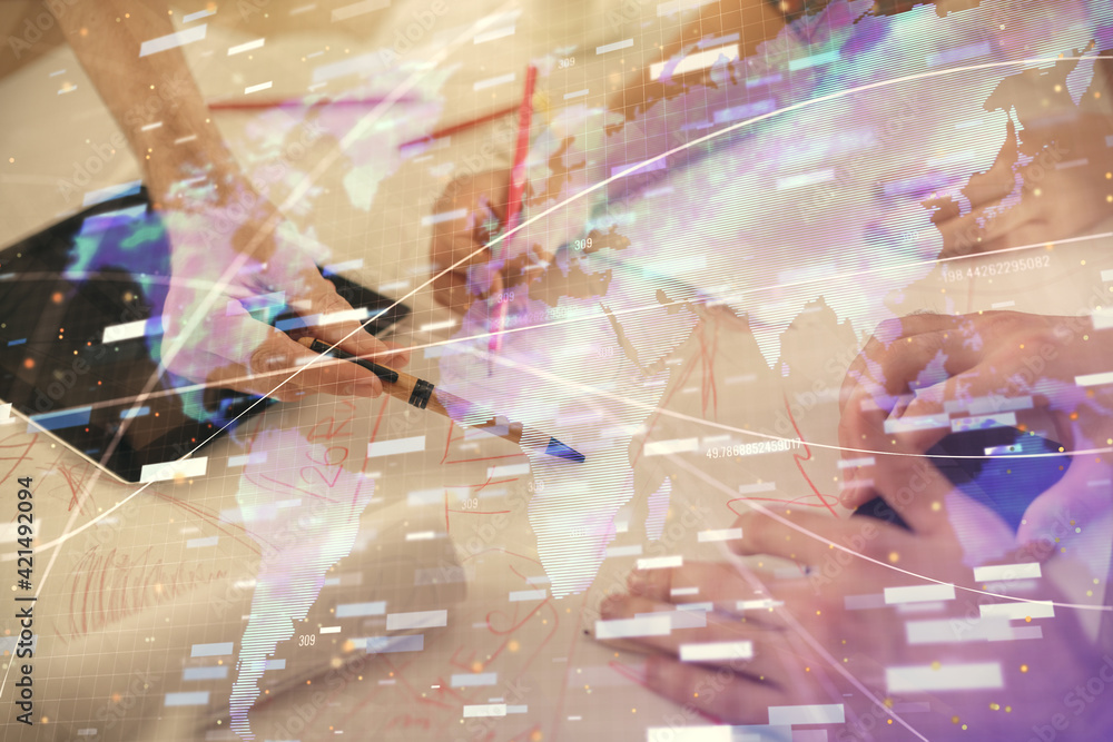 Double exposure of data theme hologram drawing and man and woman working together holding and using a mobile device. Double exposure of data theme hologram drawing and man and woman working together holding and using a mobile device.