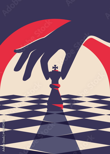 Poster template with hand holding chess piece. Strategy concept art in flat design.