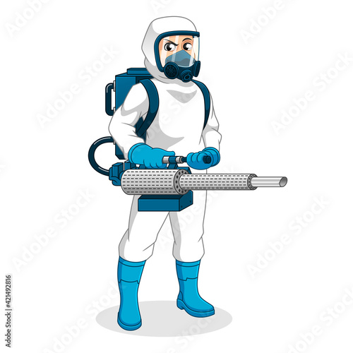 Healthcare Worker with Personal Protective Equipment (PPE) Holding Fogging Machine, People at Work, Health Occupations, Cartoon Vector Illustration Mascot Logo in Isolated White Background.