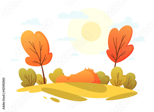 Happy people in an autumn park. Trend colors.  illustration in cartoon flat style. Autumn background - landscape illustration with two characters exploring autumn forest. Design template