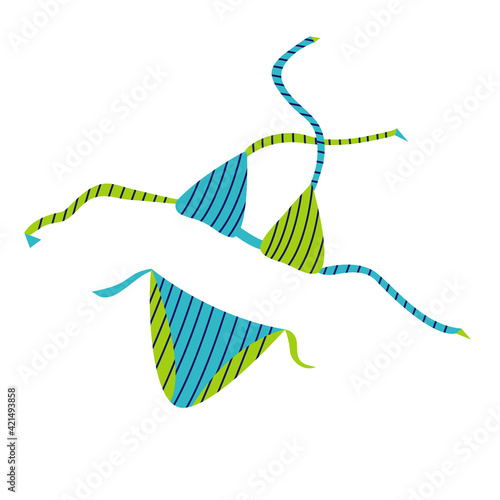 Blue and green striped swimsuit. Summer element for design. Woman bikini. Isolated vector illustration on white background.