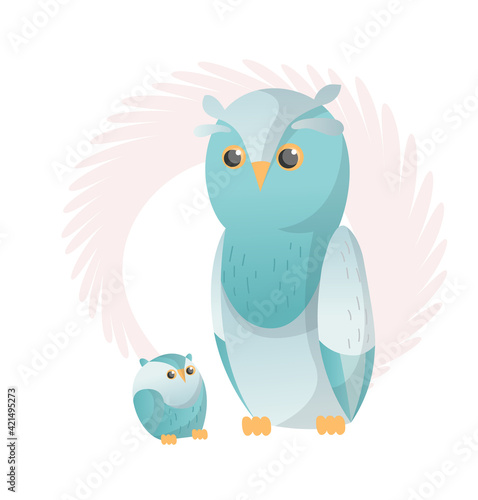 Two owl look at each other. Animals mom and baby. Cartoons cute animals in flat style. Print for clothes.  illustration