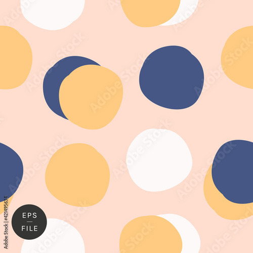 Cute hand drawn polka dots large polka dot hand seamless pattern. Organic round shapes circles soft gold matte blue powder pink. Editable timeless classic with a twist, wrapping paper fashion textile