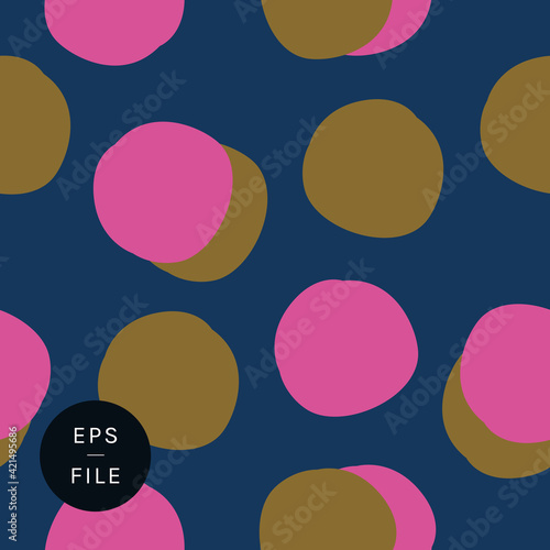 Stylish hand drawn bold polka dots polka dot seamless pattern. Round hand shapes golden hot pink navy blue background. Flamboyant timeless classic with a twist. Repeat design gift paper wallpaper