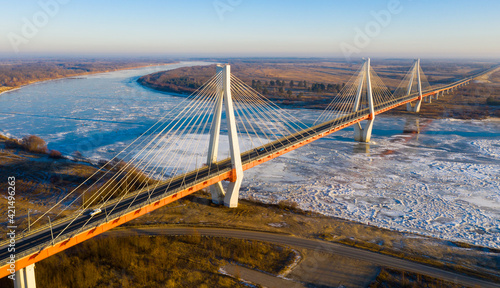 Aerial view of the cable-stayed Murom bridge over the Oka river. Russia