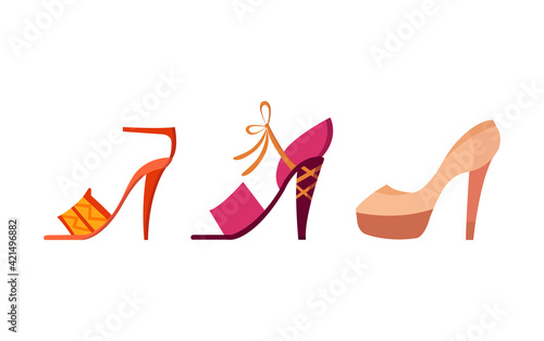 Set with different types of trend womens shoes. Color decorative design. Use for advertising shoe store or website. Flat illustration
