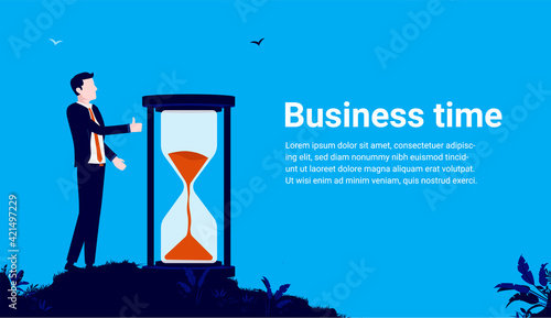 Business time vector illustration - Businessman standing next to hour glass showing thumbs up. Time management and punctuality concept.
