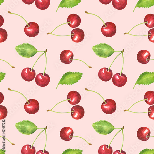 Seamless pattern with watercolor cherry isolated on pink background.