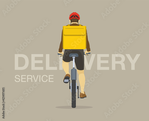 Isolated delivery service cyclist courier on bicycle with yellow parcel box on the back. Back view of cycling bike rider. Flat vector illustration template.