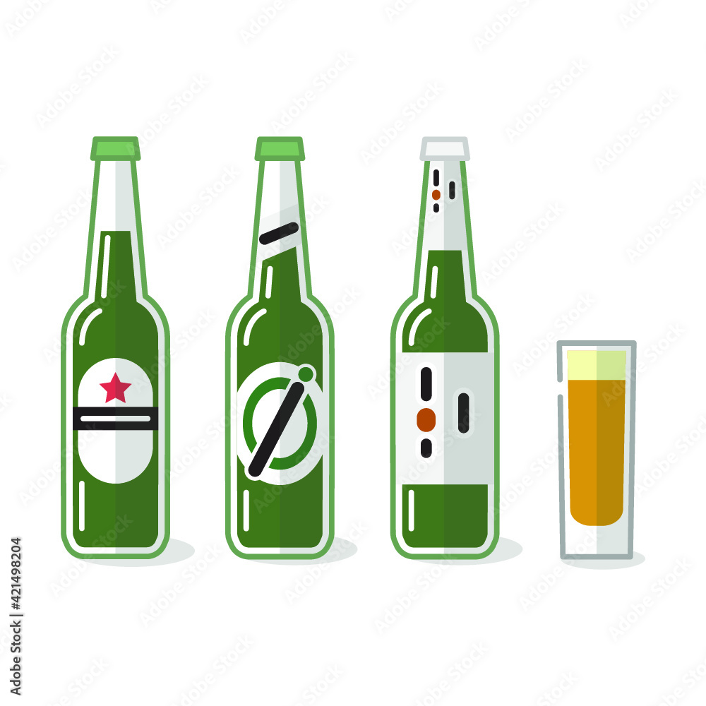 Vector illustration of alcohol drinks and glass on white background. Beer bottles, canes and beer glasses. Vector illustration of alcohol drinks and glass on white background. Beer bottles, canes and beer glasses.