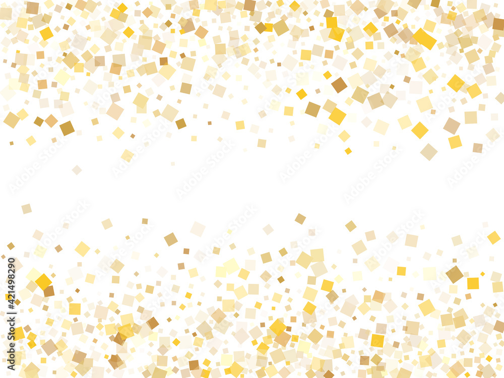 Birthday gold square confetti sparkles scatter on white. VIP holiday vector sequins background. Gold foil confetti party elements isolated. Many pieces surprise backdrop.