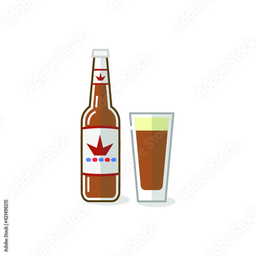Vector illustration of alcohol drinks and glass on white background. Beer bottles, canes and beer glasses. 