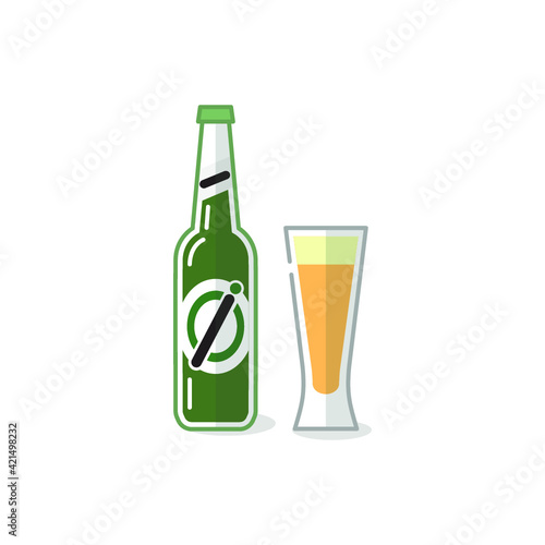 Vector illustration of alcohol drinks and glass on white background. Beer bottles, canes and beer glasses. 