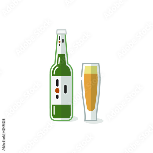 Vector illustration of alcohol drinks and glass on white background. Beer bottles, canes and beer glasses. 