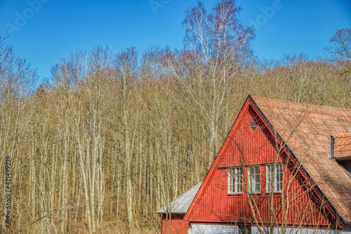 Triangular red facade of a typical Swedish countryside house with pitched or pointed roof. Red exterior with a slanted rooftop on a rural farmhouse or farmer house among bare trees or lifeless forest photo