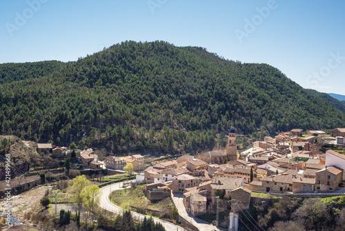 General view of Cabra de Mora a small and picturesque village of Teruel province, Spain, located in the mountains and surrounded of leafy pine forest. 