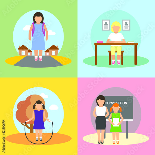 Vector illustration of school and pupils life. 