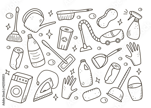 Doodle style vector cleaning elements. A set of drawings of cleaning products and items. Room washing kit.